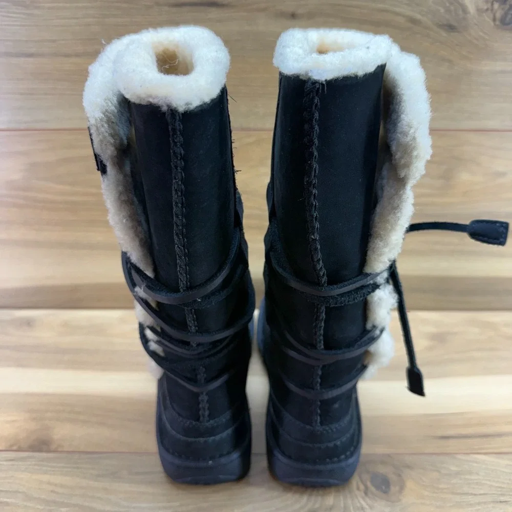 UGG Catalina Tie Lace Mid Calf Boot Womens 5 Black Leather Sherpa Shearling 1664
